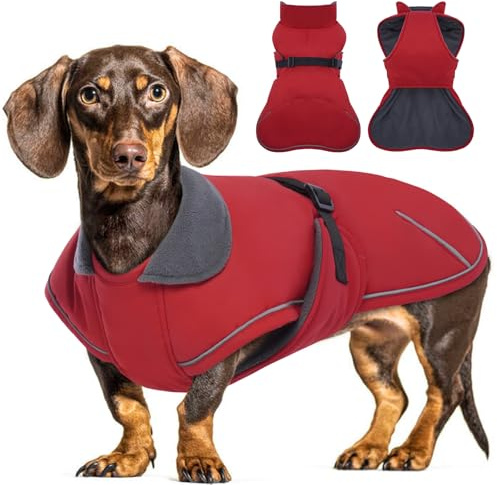 Hjyokuso Hundemantel Dackel, Winddichter Wasserdichter Wintermantel Für Dackel Hunde, Hundejacke Für Kleine Hunde XS, Hundemantel Winter Mit Bauchschutz Und Leinenloch, Winterjacken Für Hunde - Rot