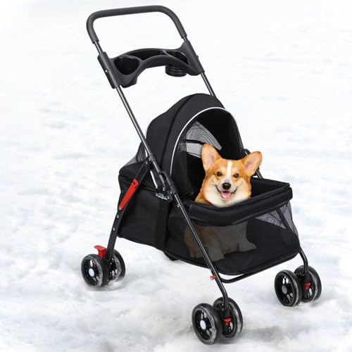 Folding Dog Pram, Pet Strollers with Breathable Mesh & Storage Holder, Dog Trolley On Wheels, Travel Pushchair, Pet Wheelchair for Puppy Small Medium Dogs Cats Black