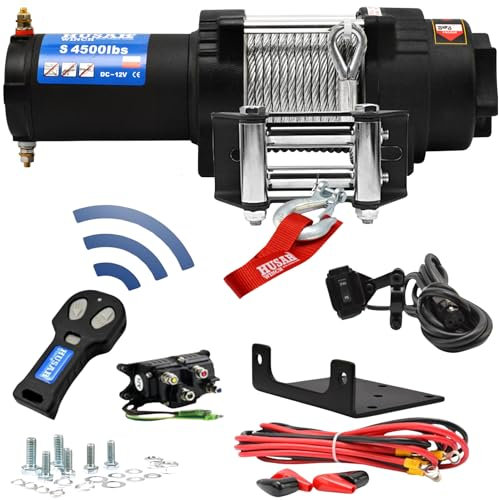 Husar Winch Elektrische Seilwinde 12V, 4500 lbs 2040 kg, Drahtseil 12 Meter lang, sehr stark, kabellose Steuerung, automatische Bremse, Planetengetriebe, Montagesatz - ideal für Quads und ATV/UTV