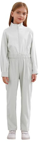 Jugaoge Girls Boys Mechanic Costume Coverall Boiler Suit Long Sleeve Overalls Jumpsuit Flight Suit Bodysuit Ivory 13-14 Years