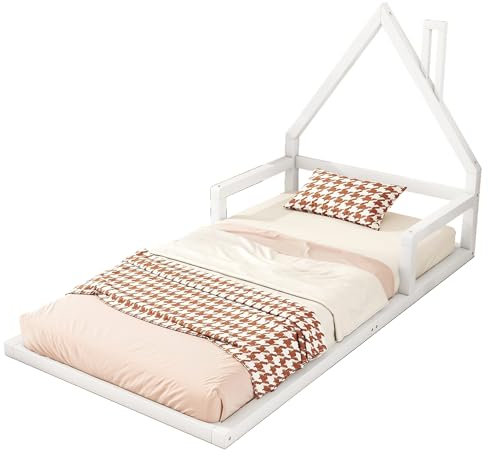 BXEYXE 90 * 200cm Kinderbett, Flachbett, Hausform, Kiefer massiv, einfache Form, Weiß