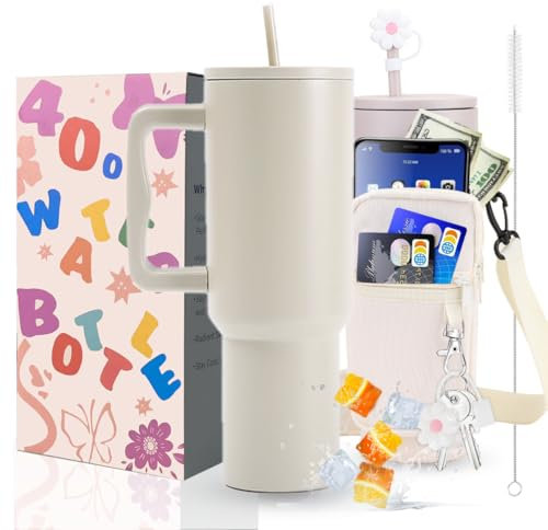 Sanilinwild 40 oz Tumbler with Handle and Straw Water Bottle Holder with Phone Pocket-BPA-Free-Easy to Carry-Travel Coffee Mug - Dishwasher Safe-Women Men for Holiday (Cream)