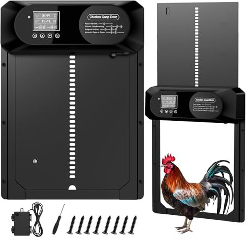 Hühnerklappe Automatisch Hühnertür, Aluminum Elektrische Hühnerklappe Batterie, Automatische Hühnerklappe mit Wasserdicht Großes Display, Timer, Manuelle, Intelligenter Einklemmschutz