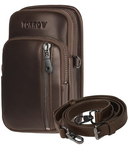 TORRO Leather Mobile Phone Case - Genuine Leather Shoulder Bag with Adjustable Strap and Secure Zip Pockets