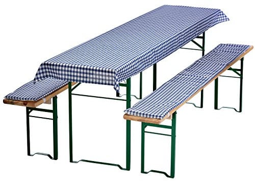 NYVI Bierbankauflagen Set NYVIGala 240x90 cm Blau Kariert - 1x Tischdecke für 220x70 cm Biertische & 2X Gepolsterte Auflage für 220x25 cm Bierbänke - Sitzauflage für Bierzeltgarnitur
