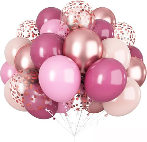 Palloncini rosa, 60 pezzi, 12 pollici, rosa pastello, rosa caldo, oro rosa, in lattice, con coriandoli rosa, per ragazze, donne, compleanni, baby shower, matrimoni, principesse