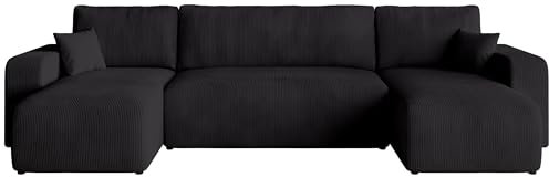 BROMARKT Sofa mit Schlaffunktion Couch U Cordstoff Sofa Bettkasten Wohnlandschaft für Wohnzimmer freistehend PUMI L Relaxsofa 3 sitzer 312x148x82 cm Schwarz