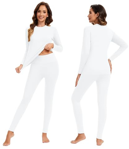 AMZSPORT Donna Set Termico Intimo Completo, Biancheria Termica Funzionale per Sci e Invernale, Maglia a Lunga Manica & Pantaloni Base Traspirante Bianco M
