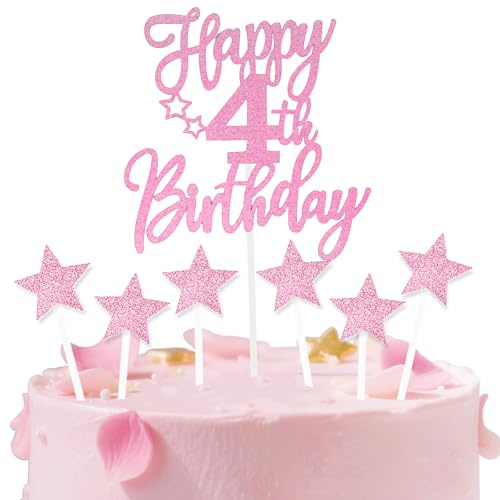 Pink Happy 4th Birthday Cake Toppers for Cake,Personalised Cake Toppers for Girl Women Decorations,Glitter Cupcake Topper Cake Topper Kit 4th Birthday Party Cake Decoration Supplies