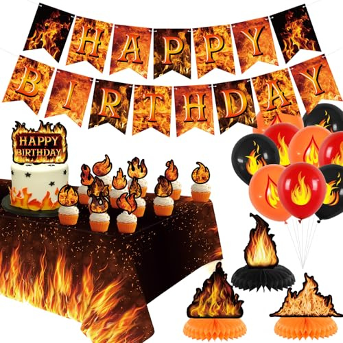 Feuergeburtstagsparty-Dekorationen – Feuerpartyzubehör umfasst Happy Birthday-Banner, Kuchenaufsätze, Waben-Mittelstücke, Tischdecke und Luftballons für Flammenthemen