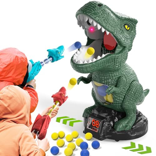 BLmukce Bewegliches Dino-Zielscheibe Set, Schießspielzeug für Kinder, Dinosaurier Spielzeug, Outdoor Spiele Kinderspielzeug, Geschenk Junge 4 5 6 7 Jahren, 2 Popper-Pistolen, 48 Schaumbälle