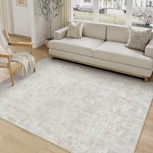 PureCozy Beige Grau Teppich Wohnzimmer 120x170 Schlafzimmer Teppiche Waschbarer rutschfest Boho Abstrakt Carpet Wohnzimmerteppich Esszimmer Büroteppich Groß Kurzflor Weich Carpets