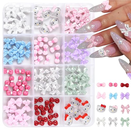 3D Nägel Charms - 96PCS Niedlich Nagel Schmuck - Transluzent Nagelschmuck Mit Katze Design - Bunt Schleifen Nail Art Zubehör Nagelstecker Schmucksteine - Nail Charms Für Frauen Mädchen DIY-Dekoration