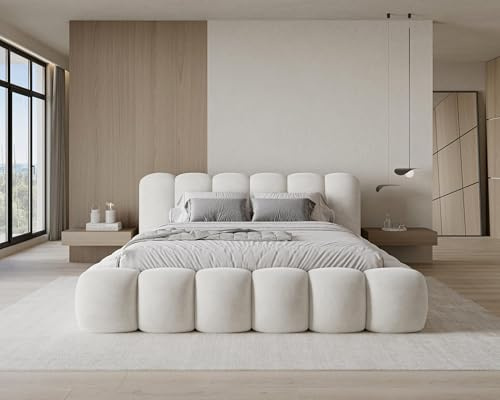Chilly. Möbel Design Bett Stone - Polsterbett 200x200 mit Bettkasten, Lattenrost und Kopfteil -Eleganter Velluto-Samt Stoffbezug Beige