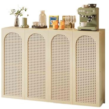 FAJNUZI2024 ​Dining Room Cupboard Retro-style Kitchen Sideboard Living Room Storage Floor-standing Rattan Four Doors White/black 130cm(White)