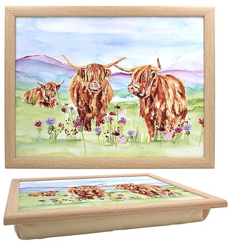 Highland Cow Knietablett – mehrfarbiges Serviertablett aus feinem Porzellan mit gepolstertem Sitzsackboden für TV-Abendessen, Frühstück im Bett und als Geschenk