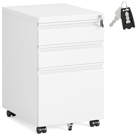 SONGMICS Aktenschrank mit 3 Schubladen, Rollcontainer, Stahl, abschließbar | Metallschrank, Druckerständer, 40 x 50 x 62 cm, für Homeoffice, Büro, Mattweiss, BEREND Kollektion OFC033W101