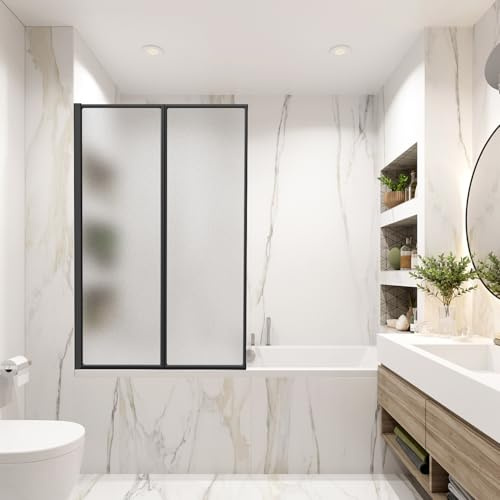 Vkechh Duschwand für Badewanne 100×140 cm, 2-teilig Faltbar aus Bruchsicherem PS-Kunststoff, Duschwand mit Schwarzem Aluminiumrahmen,Badewannenaufsatz Spritzschutz mit Mattstruktur Wählbar
