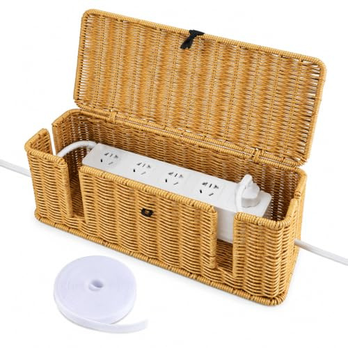 Velicber Rattan Cable Management Box Large Cable Tidy Boxs with Lid | Cord Hider Organizer Box, With 5M Adhesive Cable Ties, 4 Open Slots Design, for TV Wires, Computer, USB Hub, Power Strip