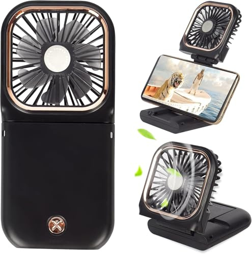 Tragbarer Mini-Handventilator, 3 Geschwindigkeitsstufen, 5-in-1 USB Wiederaufladbarer Ventilator mit Powerbank, Handyhalterung, als Hand- & Tischventilator nutzbar – 3000 mAh Akku, Hals-Trageband
