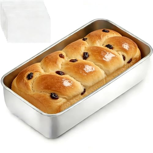 3lb Loaf Tin, Stainless Steel Baking Tray Brownie Tin Bake Sheet Pans, Mini Bread Tins for Baking Banana, Bread, Lasagna, Cake, Oven & Dishwasher SafeEasy Clean-33x15x6 cm with 10pcs Baking Paper