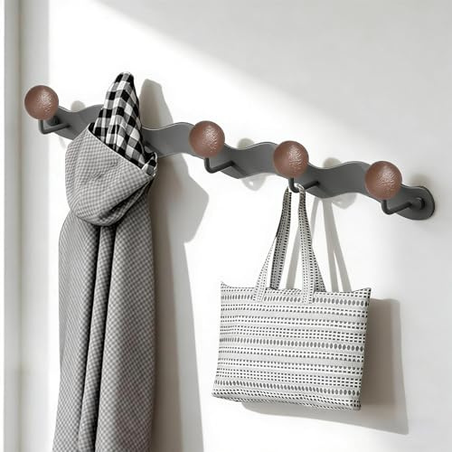 WJUAN Hakenleiste Garderobe, 38 cm Wandhaken Garderobe, Garderobe Wand, mit 5 Kugelförmigen Holzhaken, für Schlafzimmer, Badezimmer und Wohnzimmer