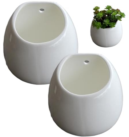Lawnrden Lot de 2 Pots de Fleurs muraux d'intérieur en céramique avec Trou Suspension, Pot Fleurs Moderne à Suspendre pour Plantes Grasses et Petites Plantes, décoration d'intérieur, Blanc