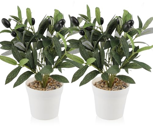 CYIOU 8 Pezzi Ulivo Finto da Interno 28CM Pianta Artificiale da Interno | Piante Artificiali Finte Interno Esterno con 2 Coprivaso 10 CM di Diametro per Matrimonio Casa Ufficio Hotel