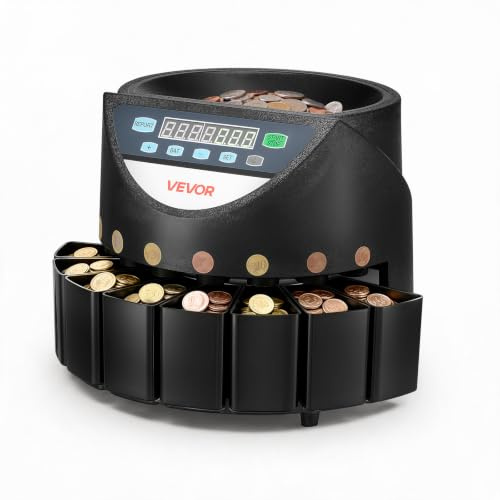VEVOR Contador y Clasificador de Monedas 8 Denominaciones Máquina Contadora, Velocidad de Conteo 147 Piezas por Minuto, Capacidad Máxima de 850 Monedas, Pantalla LED, Tubos de Almacenamiento de Dinero