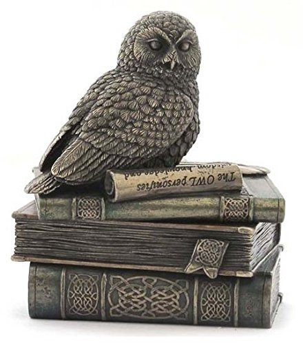 Dekorative Schmuckdose, Motiv: Schneeeule auf Büchern, 12,9 cm, bronzefarben