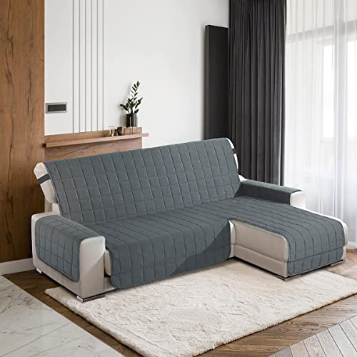 la biancheria di casa - Simplicity Plus - Copridivano con penisola, salvadivano trapuntato in microfibra morbida idrorepellente OEKO-TEX, lavabile, per divano 2, 3 e 4 posti | Grigio scuro 195cm