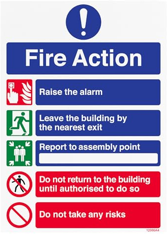 V Safety 5‑Point Fire Action Notice “Do Not Take Risks” – A4 (210 × 297 mm) Self‑Adhesive Vinyl – EN ISO 7010 Compliant Fire Safety Sign