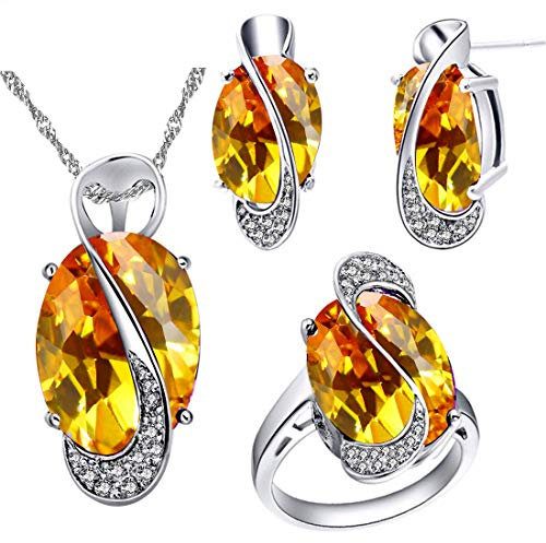 Uloveido Damen platiniert goldene Verlobung Hochzeitsfeier Schmuck Set Bypass Oval Cut Kristall Halskette CZ Braut Ringe und Ohrstecker Set