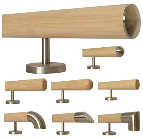Barandilla de madera de arce para escaleras, mango recto, soporte de acero inoxidable, longitud 30 – 500 cm de una sola pieza, ejemplo: 80 cm con 2 soportes ligeramente curvados tapa de acero