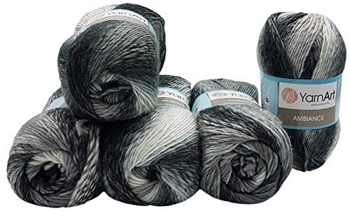 5 x 100 g YarnArt Ambiance Strickwolle mehrfarbig mit Farbverlauf, 500 Gramm Strickgarn mit 20% Wolle-Anteil (schwarz grau weiß 159)