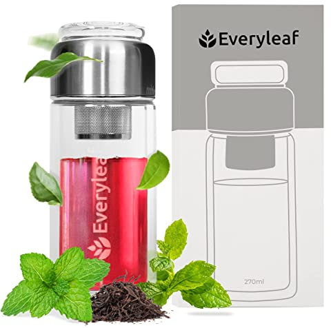 Everyleaf Teeflasche mit sieb to go [270ml], teebecher und teekanne to go aus Glas - Tee flasche und thermoskanne glas, Doppelwandige teeflasche mit Edelstahlsieb auch als Trinkflasche verwendbar
