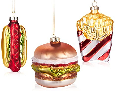 BRUBAKER Baumkugel Set Fast Food - Handbemalte Weihnachtskugeln Burger Pommes und Hot Dog - Mundgeblasener Christbaumschmuck aus Glas - Baumschmuck Lustig - Essen Baumanhänger 3 Stück