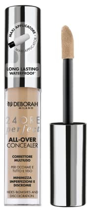 Deborah Milano - Correttore Fluido 24 Ore Perfect All-Over con Acido Ialuronico, 04 Apricot, Lunga Tenuta Waterproof, Effetto Alta Coprenza e Idratante, Minimizza Occhiaie e Discromie del Viso, 5.5 gr