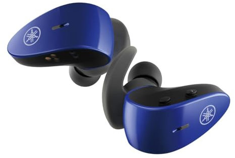 Yamaha TW-ES5A - Auriculares deportivos inalámbricos con Bluetooth 5.2, IPX7 impermeables, ajuste seguro, sonido premium, captura de voz clara Qualcomm CVC, cuidado auditivo y sonido ambiental (azul)