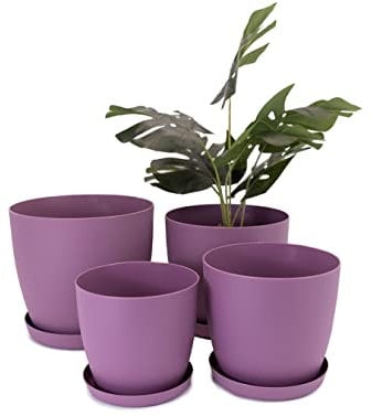 Home Garden Ornaments Purple Plant Pots Indoor Set of 4 Sizes 14/16/18/20cm – Plant Pot with Mat Sufrace - Plastic Flower Pots Outside – Flower Pot with Trays – Plastic Plant Pot Saucers (Purple)