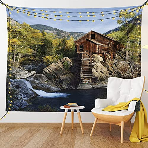 MIYOLI Wandteppich Wald Wandbehang Holzhaus Tapisserie 3D Wandtuch Wald Wandteppiche Aesthetic für Wohnzimmer Schlafzimmer Wohnheim Wanddeko, 130x150 cm