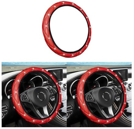 JNNJ Universal Auto Lenkradhülle, Glitzer Universal Auto Lenkradbezug, Lenkradbezug Aus Echtes Leder 37-38cm, Strass Leder Lenkradabdeckung Autoinnenraum(Rot)