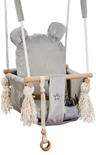 Love Gifts® Babyschaukel aus Holz hochwertig und geeignet als Indoor Schaukel, montierbar an der Decke sowie im Türrahmen, Bär-Grau, Made in EU
