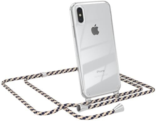 EAZY CASE - Hülle mit Kordel - iPhone X/XS, Transparente Handyhülle mit verstellbarem Kettenband zur Umhängeband, Handyhülle mit Kette, Ersatzgurt schmal in Taupe Camouflage mit Clip Silber