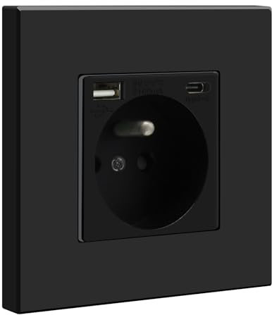 BSEED Prise Murale avec USB et 1 Type C,16A Prise de Courant Alternatif avec Panneau en Plastique,Multiprise Murale(Max 2.1A),Convient au Smartphone,à la Tablette (1 Prise avec USB et Type C,Noir)