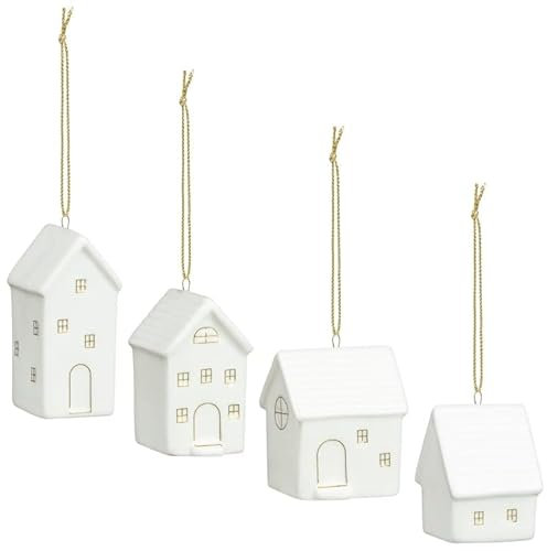 Set of 4 Small White Scandi Snow Ceramic Houses Baubles Tree Hanging Christmas Decor Gift
