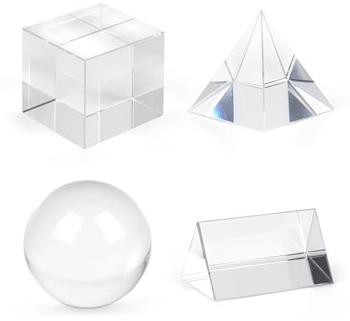 Winter Shore 4-Teiliges Kristall Fotografie Zubehör Set - Optische K9-Glaskugel Fotografie, Würfel, Pyramide, Dreieckiges Prisma - Geometrisches Zubehör für Unterricht, Spiel, Deko, Kreative Aufnahmen