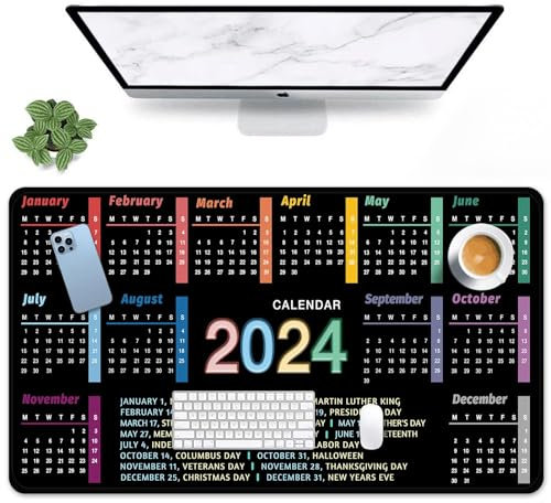 Arttown 2024 Office Year Calendar Mouse Pad Large Gaming Mat Non-Slip Desk Pad Keyboard and Mouse Desk Mat for Gamer, Office & Home, 80.0 cmx40.9 cm