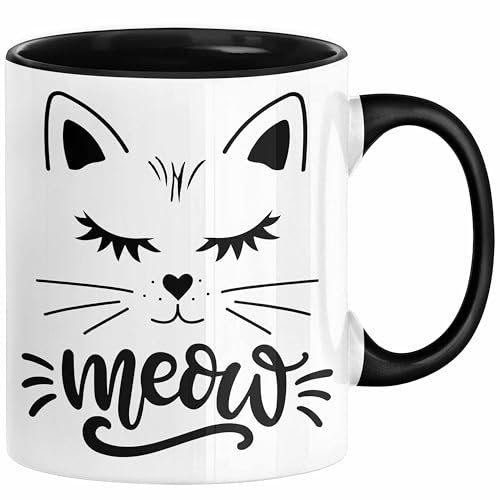 Katzen-Besitzerin Tasse Geschenk Meow Katze Geschenkidee Miau Katzen Mama Kaffee-Becher (Schwarz)