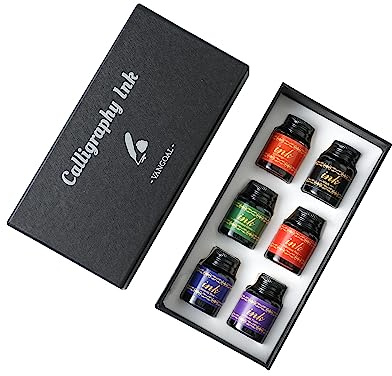 VANGOAL 6 Colors Ink Set, 6 Bottles Writing/Drawing Ink Black,Blue,Purple,Orange,Red Green Ink for Fountain Pen, Glass Pen, Calligraphy Dipping Pen, Feather Pen, Quill Pen, Witch Pen